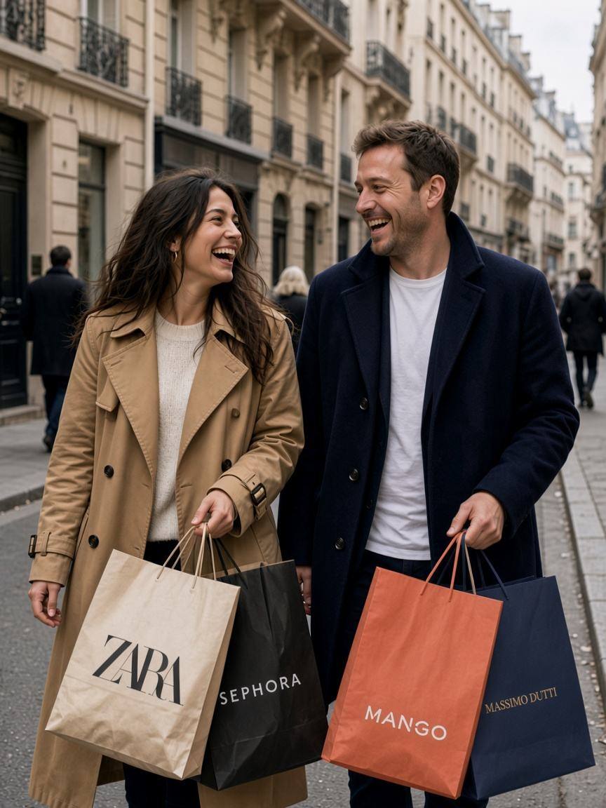 Un couple souriant dans une rue parisienne, sacs Zara, Sephora, Mango et Massimo Dutti