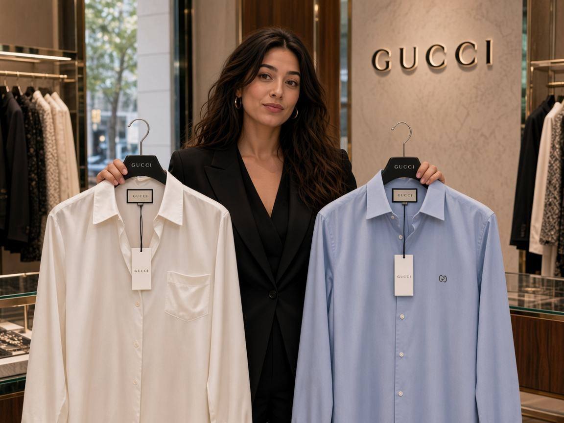 La même cliente, en boutique Gucci, présentant deux chemises et demandant laquelle choisir