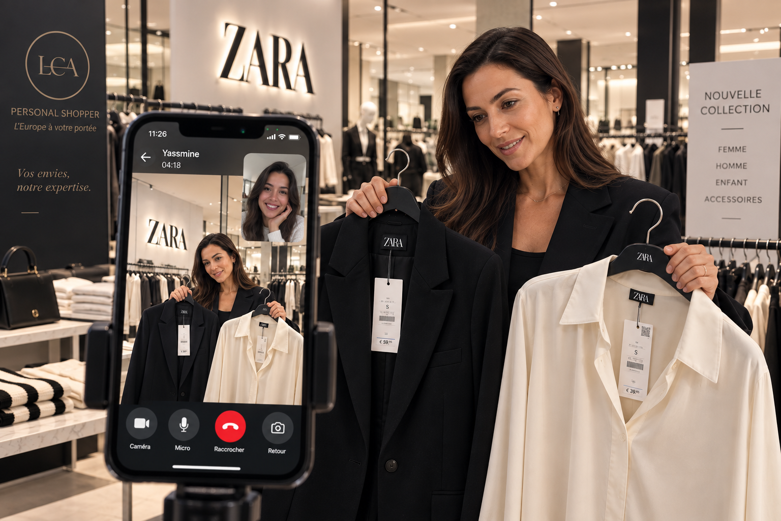 Personal shopper en magasin montrant des pièces Zara en visioconférence Live Boutique