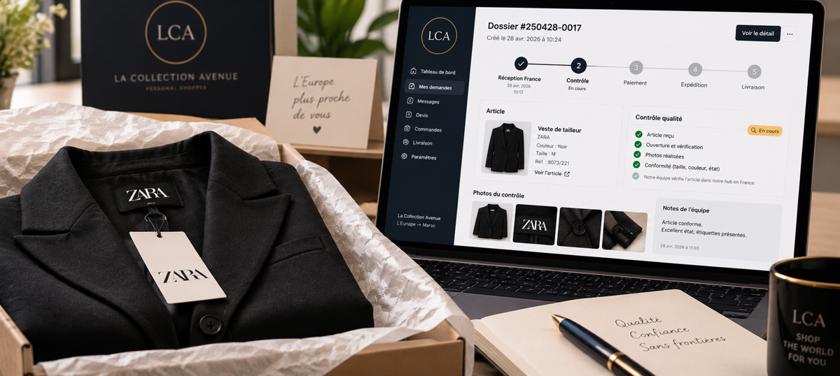 Veste Zara ouverte dans son carton au hub France, dossier de contrôle à l’écran, photos avant le départ vers le Maroc