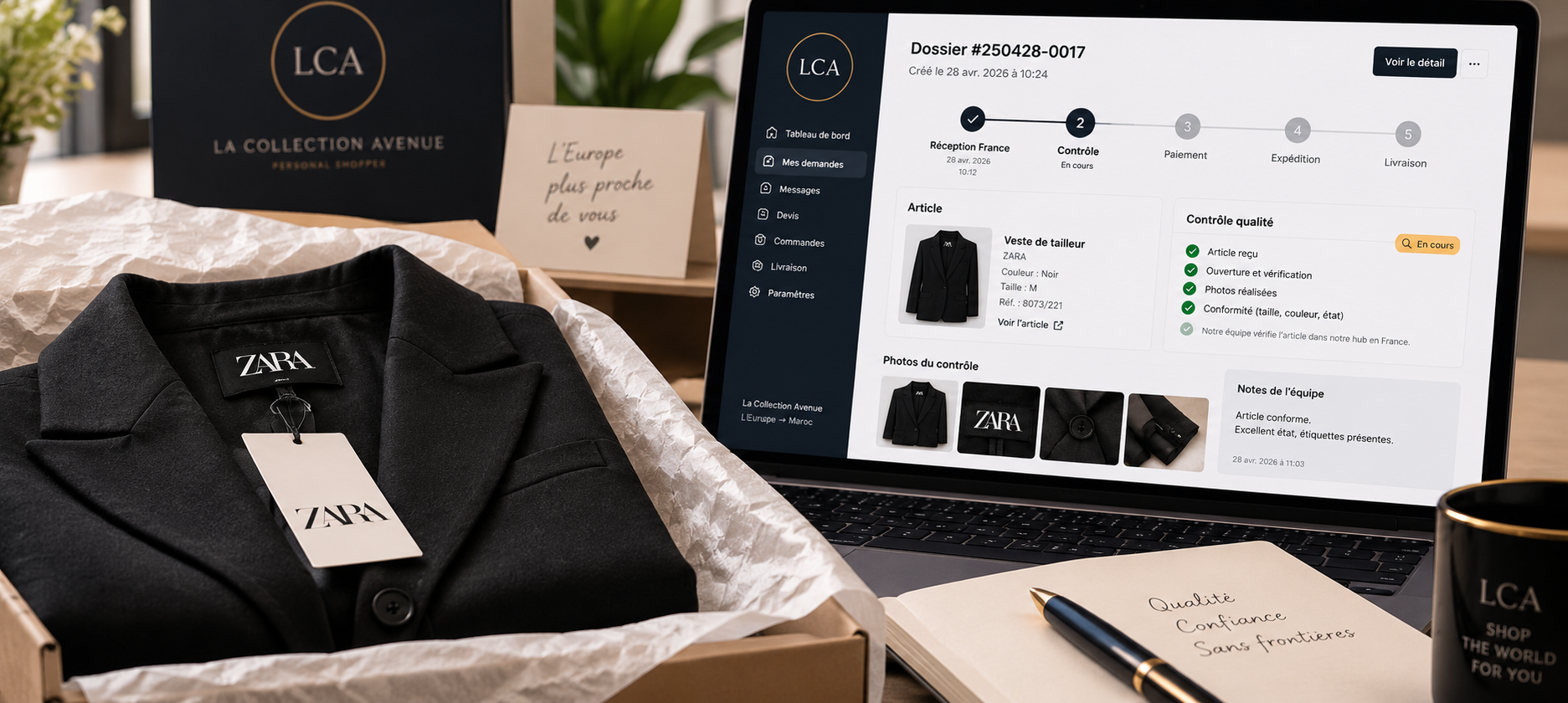 Veste reçue au hub France, ouverte dans son carton, et suivi du dossier en cours de contrôle